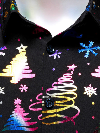 Herre Guld Jul Print Regular Fit Sort Langærmet Skjorte 