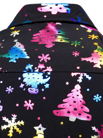 Herre Guld Jul Print Regular Fit Sort Langærmet Skjorte 