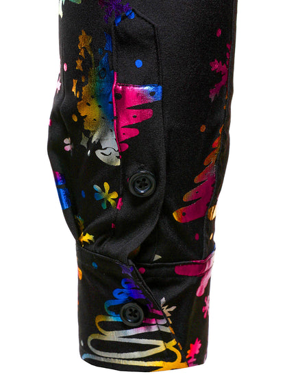 Herre Guld Jul Print Regular Fit Sort Langærmet Skjorte 