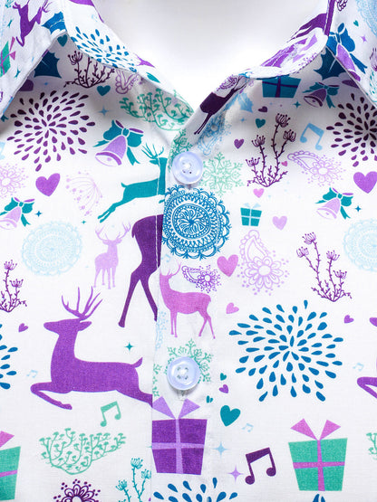 Herre Jule Rensdyr Festlig Print Xmas Ferie Hvid Langærmet Skjorte 