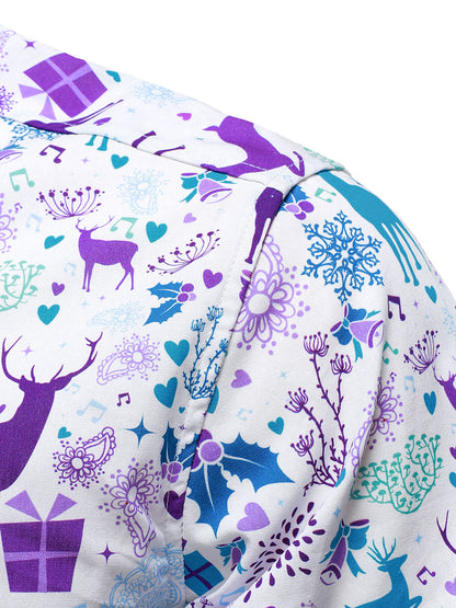 Herre Jule Rensdyr Festlig Print Xmas Ferie Hvid Langærmet Skjorte 