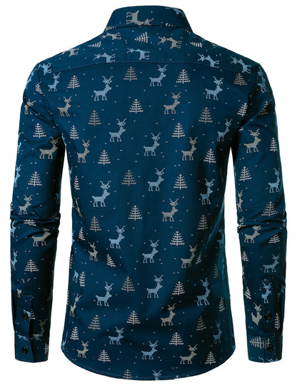 Herre Juletræ Elg Print Åndbar Marineblå Langærmet Skjorte 