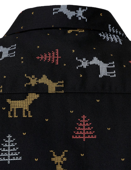 Herre Juletræ Elg Print Åndbar Sort Langærmet Skjorte 