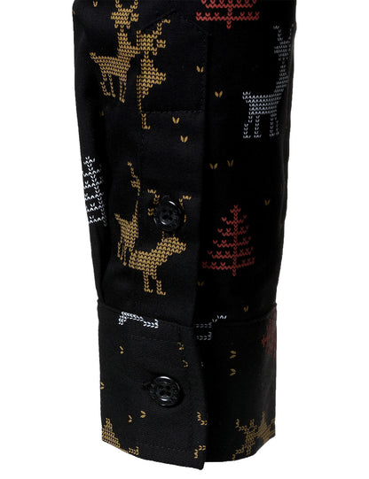 Herre Juletræ Elg Print Åndbar Sort Langærmet Skjorte 