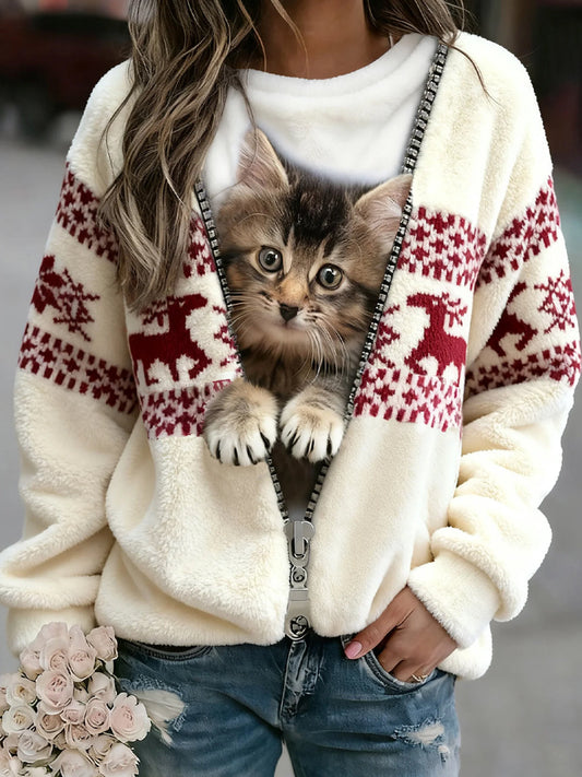 Kvinders Retro Jul Dyr Kunst Print Behagelig Flannel Sweatshirt