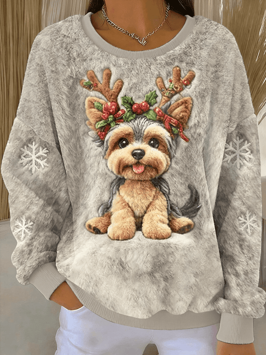 Kvinders Søde Jule Hund Kunsttryk Casual Flannel Sweater