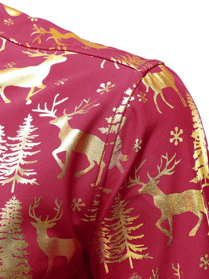 Mænds Gyldne Jule Rensdyr Festlig Tryk Rød Langærmet Skjorte 