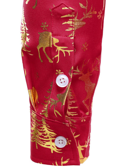 Mænds Gyldne Jule Rensdyr Festlig Tryk Rød Langærmet Skjorte 